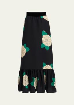 Ortensia-Print Crepe Ruffle Ankle Skirt