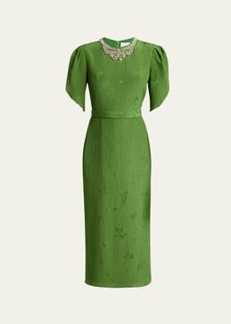 Crystal Necklace Floral Embroidered Short Sleeve Cocktail Dress