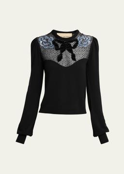 Beaded Floral Sheer Bust Wool Sweater