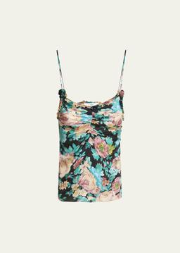 Floral Ruched Ruffle-Trim Silk Tank Top