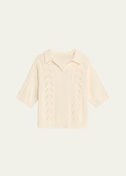 Kina Pointelle & Cable-Knit Cotton Polo Sweater