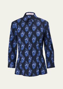 Bouquet-Print Button-Down Icon Blouse