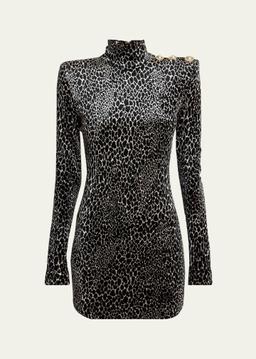 Leopard Velvet Button Strong-Shoulder Mini Dress