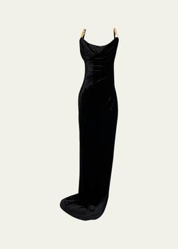 Button Cowl-Neck Velvet Slit Maxi Dress