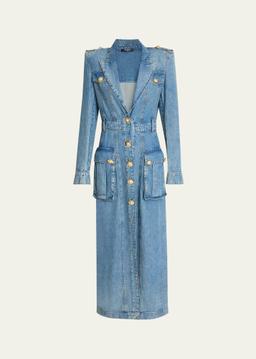 Belted Pocket Detail V-Neck Denim Midi Dress