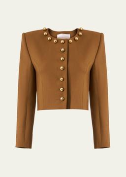 Ball-Button Collarless Crop Jacket