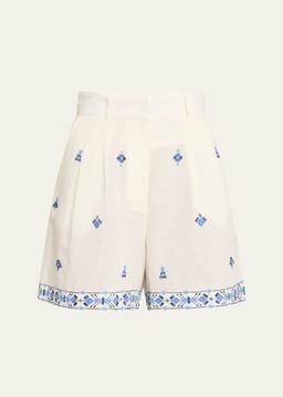 Beatrice Astragal Embroidered Linen Shorts