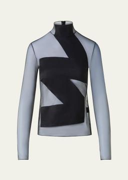 Mock-Neck Zigzag Tulle Long-Sleeve Top