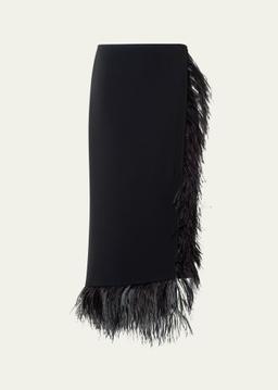 Feather-Trim Wool Stretch Double Face Midi Wrap Skirt