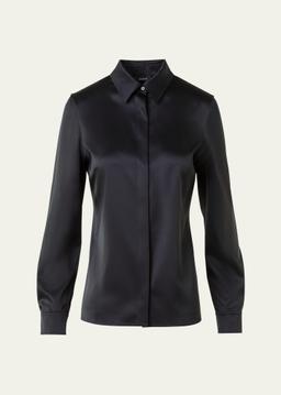 Stretch Silk Satin Button-Down Blouse