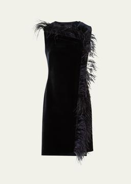 Neoprene Velvet Feather-Trim Asymmetric Mini Dress