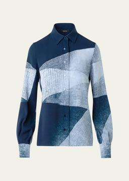 Zigzag Print Silk Crepe Button-Down Blouse