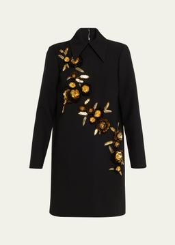 Floral Embellished Wool Shift Dress