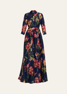 Floral Silk Belted Long-Sleeve Trench Gown
