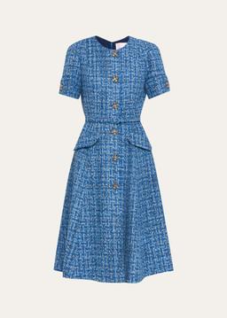Crystal Button-Front Tweed Midi Dress With Belt