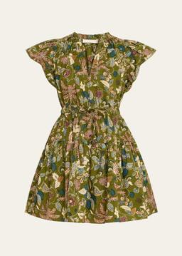 Izel Paisley-Print Cotton Puff-Sleeve Tie-Waist Mini Dress