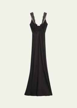 Malone Plunging Lace-Trim Satin Maxi Slip Dress