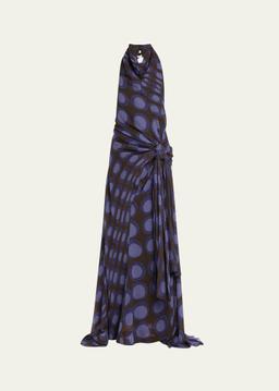 Halter Wiggle Dot Sarong Silk Maxi Dress