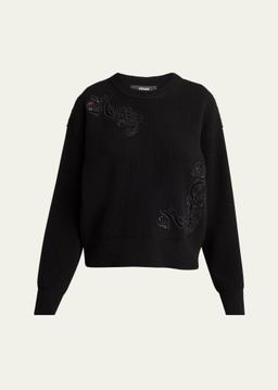 Sequined Barocco Leaf Embroidered Wool Sweater