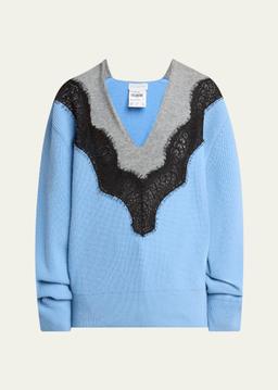 Colorblock Lace Insert V-Neck Ribbed Wool Sweater