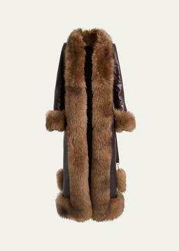 Lamb Shearling-Trim Shiny Leather Long Coat