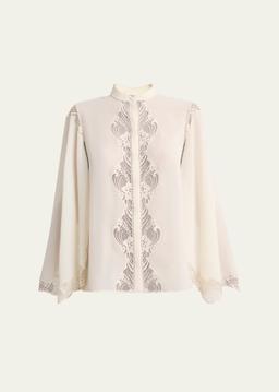 Lace Placket Tulip-Sleeve Silk Blouse