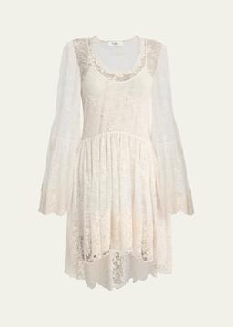 Lace U-Neck Long-Sleeve Mini Dress