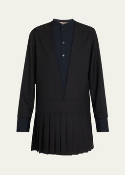 Layered Long-Sleeve Pleated Mini Shirtdress
