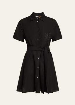 Anagram Pocket Short-Sleeve Belted Mini Shirtdress