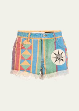 Geo Print Denim Frayed Peekaboo Shorts