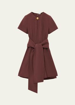 Anagram-Button Waist-Tie Linen Mini Dress