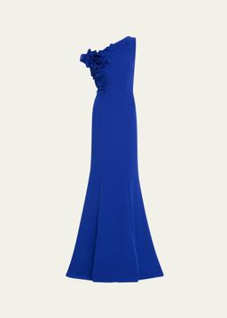 One-Shoulder Floral Applique Crepe Mermaid Gown