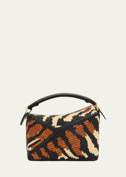 Puzzle Edge Small Top-Handle Bag in Raffia and Leather
