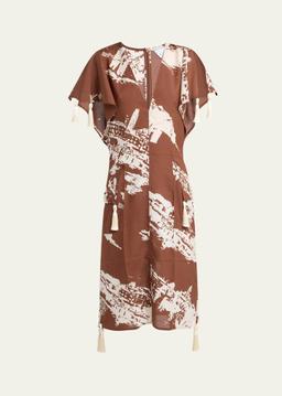 Italian Postcard Silk Shantung Short-Sleeve Dress