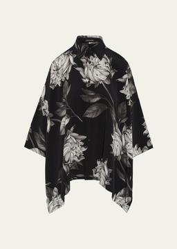 Large Peony Silk Print Short-Sleeve Shirt With Collar (Mid Plus Length)