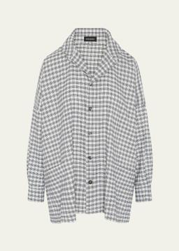 Mini Houndstooth Wide Longer-Back Double Stand-Collar Shirt Jacket (Long Length)