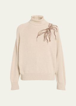Cashmere Turtleneck with Monili Flower Detail