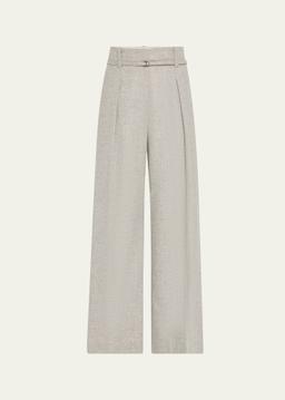 Cashmere-Wool Flannel Wide Sartorial Pants With Belt