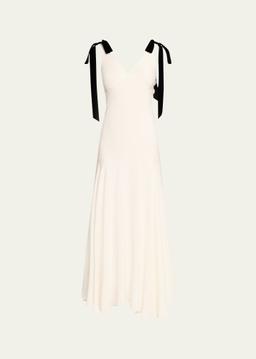 White Silk Crepe Bias Dress With Black Velvet Bows