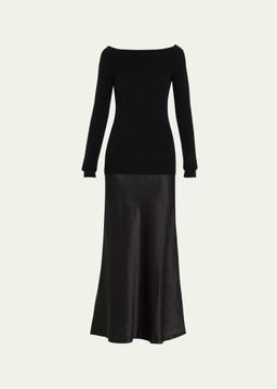 Mixed-Media Off-The-Shoulder Cashmere Monument Midi Dress