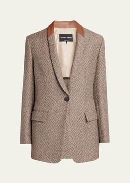 Chevron Wool Single-Breasted Blazer with Leather Trim