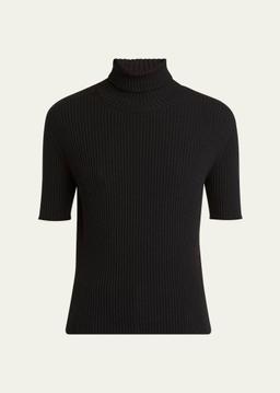 Turtleneck Short-Sleeve Cashmere Rib Sweater