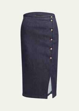 Cotton-Cashmere Denim Button Midi Skirt