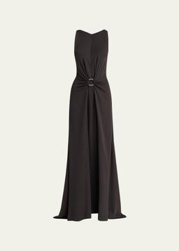 Beaded-Ring Silk Georgette Backless Gown