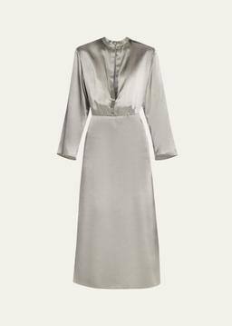 Ombre Print Silk Long-Sleeve Midi Dress