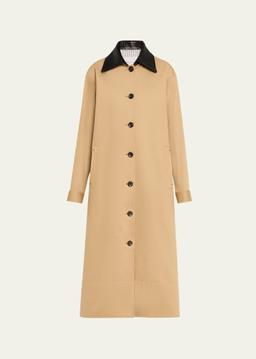 Leather-Collar A-Line Long Swing Coat