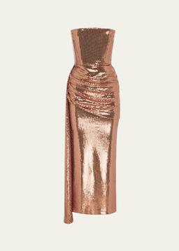 Strapless Draped Sequin Mesh Midi Dress