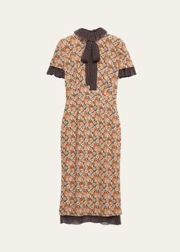 Floral Georgette And Polka-Dot Chiffon Layered Midi Dress With Bow