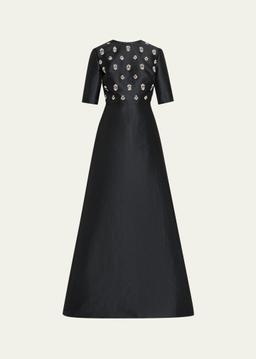 Embellished Mikado Silk Short-Sleeve Gown