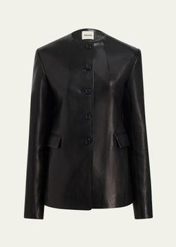 Jameson Single-Breasted Leather Collarless Jacket